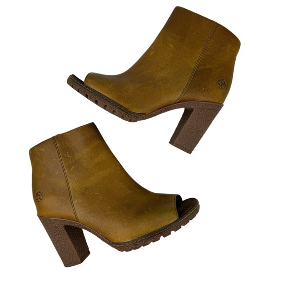Timberland Women's Size 6 Tillston Peep Toe Leather Boots Ankle Booties Tan - Picture 7 of 16